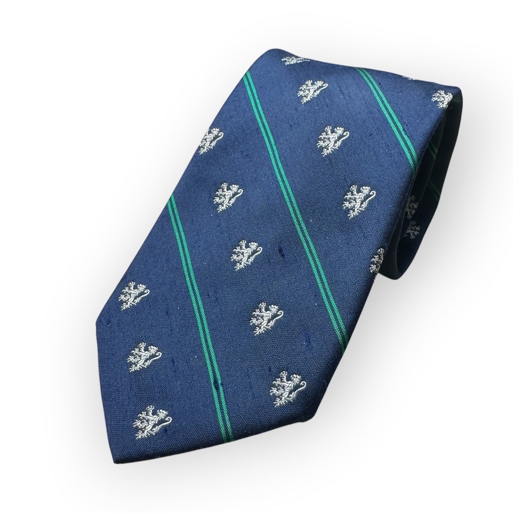 Briar Pride of England Navy Blue Rampant Lion Crest Green Stripe Silk Necktie
